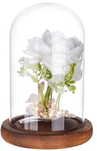 BENECREAT Copertura In Vetro Trasparente per Fiori Eterni Da 9x14.8cm, Vaso A Campana In Vetro con Base In Legno Massello Marrone per Creazioni Floreali Fai Da Te