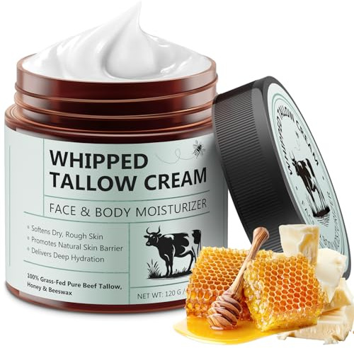 Whipped Beef Tallow Balm, Organic Beef Tallow for Skin, 100% Grass Fed Whipped Beef Tallow with Honey, Beef Tallow Skin Care for Face Long-Lasting Moisturizer Body Lotion Skin Care for Sensitive Skin