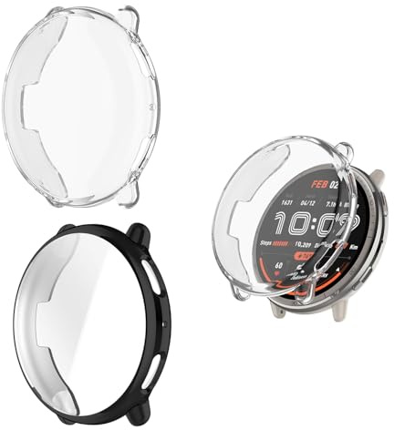 HOMTERN Schutzhülle für Amazfit Active 2, weiches TPU, leicht, sturzsicher, kratzfest, flexibel, vollständig abgedeckt, 1 x schwarz und 2 x transparent, 3 Stück