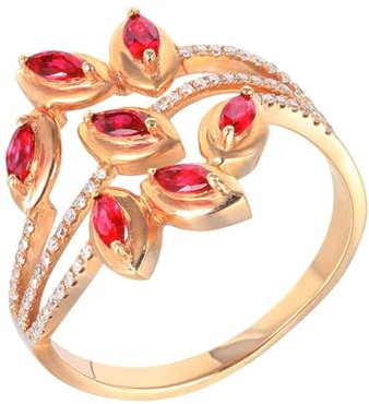 Skcess Bague pour femme en or rose 18 carats avec rubis rouge marquise en forme de marquise avec rubis 0,4 carats et diamant pour femme, 52 (16,6), Métal précieux, Rubis