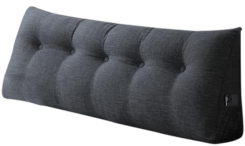 WODFARR Keilkissen, dreieckig, Lendenwirbelstütze, großes Rückenkissen, Baumwolle und Leinen, Lesekissen für Bett, Lesekissen, abnehmbar (Dunkelgrau, 160 x 50 x 20 cm, Baumwolle und Leinen)