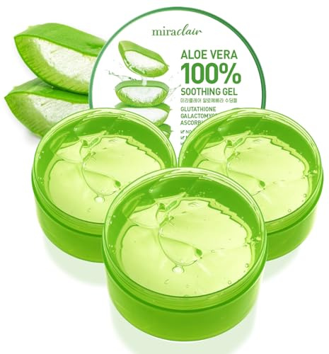 MIRACLAIR Aloe Vera Gel for Face, Skin, Hair & Sunburn Relief, Made with 100% Pure Aloe Gel for All Skin Types. Made in Korea. (3, 10.14oz)