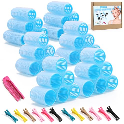 Heatless SelfGrip Hair Rollers Kit, 3 Sizes (0.79,1.18,1.57) for Short/Medium Hair | 36 Rollers +12 Clips +1 Comb | No Heat Curlers for Overnight Waves,Travel & Damage-Free Styling. (Blue, Medium)