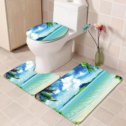 Badezimmerteppich Blaue Grüne Wolken WC Vorleger mit Ausschnitt WC Deckelbezug 3 Teiliges WC Teppich rutschfeste Badgarnitur U förmiger Badematte Waschbar Bad Teppiche Set 50x80 cm