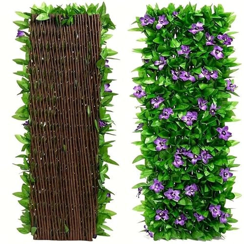Valla de privacidad con orquídeas artificiales y hiedra, flores moradas vibrantes y hojas verdes, pared decorativa expandible para jardín al aire libre, boda y decoración del hogar, decoración al aire