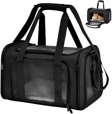 GOEDCH Grand sac de transport noir pour chat : sac pliable portable pour chat, sac sûr pour les petits animaux de compagnie, boîte de transport respirante pour chat pour les voyages et les visites