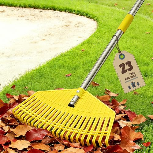 Rastrillo de jardín, rastrillo de hojas extra ancho de 42 cm, mango largo ligero para mujeres, personas mayores, niños, limpieza sin esfuerzo, 23 dientes flexibles para césped, rastrillos de plástico
