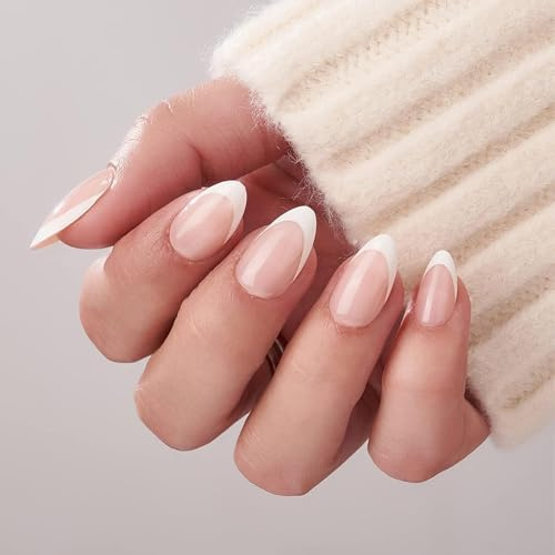 Press on Nails Almond - 30 Pcs White French Tip False Nails, Stick on Nails for Women, Removable Fake Nails Glossy Fit in 15 Sizes, Natural Nude Manicure Set (French White)