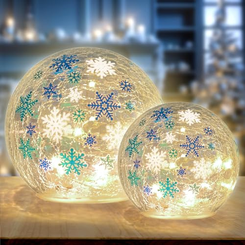 Whaline Christmas Lighted Decorative Glass Ball Crackle Glass Globe Blue White Winter Snowflake Battery Operated Decoration for Xmas Party Home Table Mantel Fireplace, Set of 2