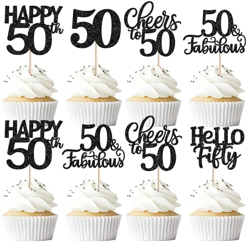SYKYCTCY 30 Pack Happy 50th Birthday Cupcake Toppers Glitter Fifty Fabulous 50 Cheers to 50 Cupcake Picks Happy 50th Birthday Cupcake Decorations for Birthday Anniversary Party Supplies
