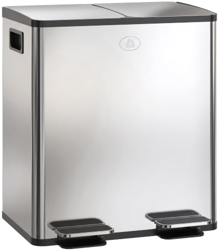 HOMCOM Mülleimer aus Edelstahl mit Softclose Deckel, 2 x 20L Silber | Abfalleimer, Mülltrennsystem, Herausnehmbare Inneneimer, Deodorant-Fächern, Treteimer für Wohnung