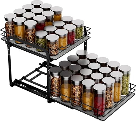 Pull Out Spice Rack for Cupboard, 2-Tier Slide Out Kitchen Organiser with 3 Adjustable Height, No Drill Rust-Resistant Painted Steel, Heavy Duty Cabinet Storage for Kitchen Bathroom Seasonings Cans