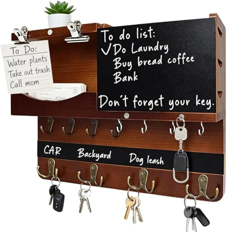Briefhalter Schlüsselbrett, Schlüsselkasten Holz,mit Kreidetafel y 16 Haken | Schlüsselbrett Holz mit Ablage, Schlüsselablage Wand, Schlüsselaufbewahrung für Eingang Flur Wohnzimmer