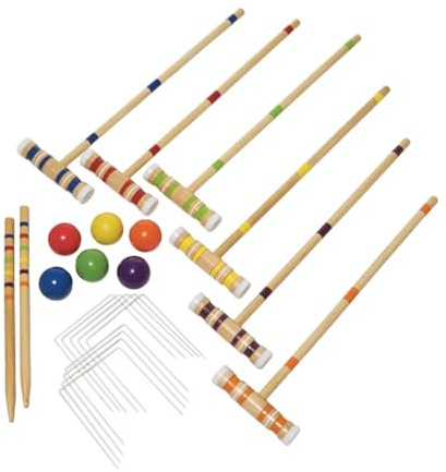 LIXSAZSE Spielspaß für die ganze Familie mit diesem Krocket Set für sechs Spieler, inklusive Holzschlägern und farbigen Kugeln. Sportliches Outdoor Krocket Set mit sechs
