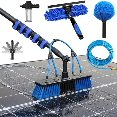 Teleskop Waschbürste 10m mit Wasseranschluss | Kohlefaser Teleskopstiel mit Fensterreiniger Spinnwebenbürste, Seifenspender | PV Anlagen, Wintergarten Reinigungsset & Oberflächenbürste, 30cm Bürste