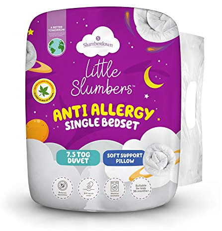 Slumberdown Anti Allergy Kids 7.5 Tog Single Duvet & Pillow Set - Allergy UK Approved Lightweight Single Quilt for Children Aged 3+ | UK Made, Soft Touch & Washable (135 x 200cm)