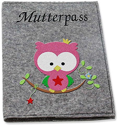 Mutterpass-hülle Wollfilz bestickt ★ Motiv Eule auf Ast ★ Filzfarbwahl hellgrau grau dunkelgrau ★ Handarbeit ★ passend für den deutschen Mutterpass ★ (grau)