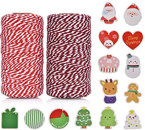OITUGG Cordoncino Natalizio 2 Rotoli - Spago Rosso e Bianco 200 Metri/ 656 piedi - Spago Natalizio con 14pz Carte Natale - Filo Cotone Spago per Decorazioni Natalizie e Alimenti