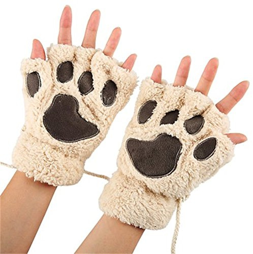 1 par de guantes de invierno para mujer y niña, guantes de pata de gato, guantes de invierno sin dedos, guantes de felpa cálida para medio dedo, crema, Talla única