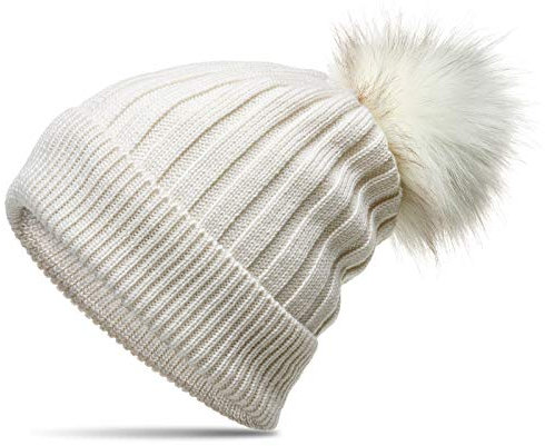 Caspar MU204 Gefütterte Damen Strick Long Beanie Mütze mit tierschutzgerechtem Kunstfell Bommel, Farbe:wollweiß, Größe:Einheitsgröße