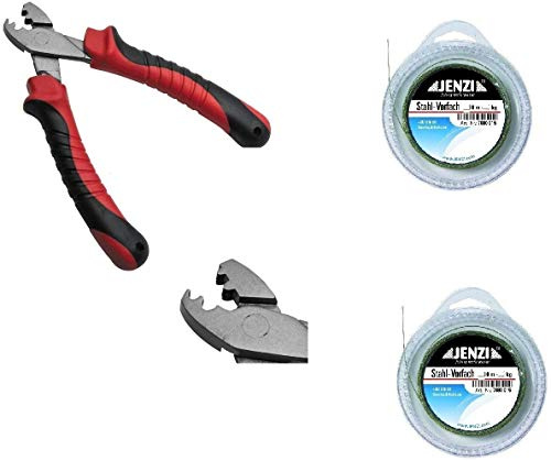 blntackle76 TOP Vorfach Set 2 x Stahlvorfach von Jenzi 9kg, 10m, 20 Quetschhülsen + Quetschhülsen - Zange & gratis Petri Heil! Aufkleber