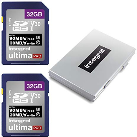 Integrerat SD-kort med 32 GB, 2-pack, skyddsfodral av metall, 4K Ultra-HD-video, premiumläshastighet upp till 90 MB/s, SDHC V30 UHS-I U3, klass 10, SD-minneskort, dubbelpack