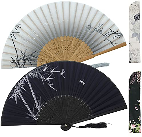 Leehome Faltbare Handfächer für Frauen – Chinesische japanische 2 Stück Vintage Bambus Seide Fächer – für Tanz, Musikfestival, Hochzeit, Party, Dekoration, Geschenk (grauer & schwarzer Bambus)
