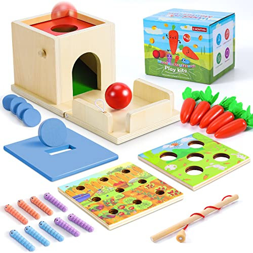COOLJOY 4 in 1 Wooden Montessori Toys for 1 Year Old | Ball Drop, Coin Box, Carrot Harvest, Catch Worm | Baby Sensory Toys for Toddlers & Preschoolers