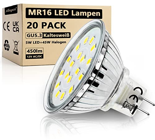 Allesgute GU5.3 MR16 LED Lampe Kaltweiß 5W ersatzt für 45W 50W Halogen Leuchtmittel 450lm LED Strahler 12V AC/DC Spot Mit GU 5.3 Sockel Glühbirne, 20er Set