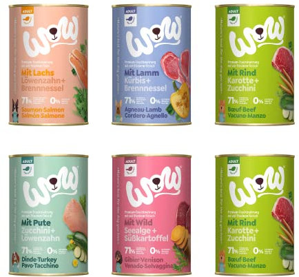 WOW Hundefutter nass Adult Mixpaket 6 Sorten x800g I reichhaltiges Nassfutter für ausgewachsene Hunde aller Rassen I beste Qualität mit viel Fleisch & ohne Zucker I getreidefrei & hohe Verträglichkeit