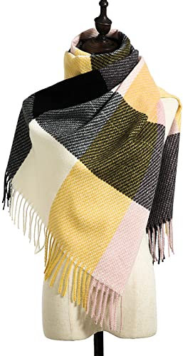 HGJH Schal Damen,Winterschals Schwarz Gelb Weicher Warmer Schal Dicke Decke Große Gitterquaste Modeschal Langer Großer Winterschal Trendige Stola-Schals Für Frauen Mädchen