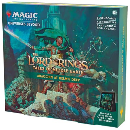 Magic: The Gathering The Lord of the Rings: Tales of Middle-earth Scene Box - Aragorn at Helm’s Deep (6 Scene Cards, 6 Art Cards, 3 Set Boosters + Display Easel)