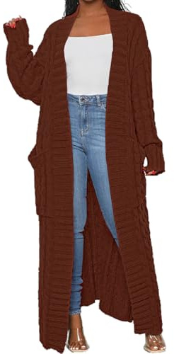 A ADILACA Brown Long Cardigan, Women's Polyester Knit Sweater, Floor Length Maxi Cardigan, Long Sleeve Cardigan for Women (Coffee, L)