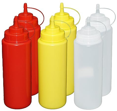 Je 2 Stück rot, gelb,transparente Quetschflaschen 1 Liter Dosierflasche Spenderflasche Dressingflasche