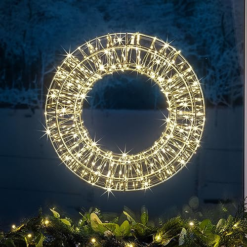 CHRISTOW Light Up Christmas Wreath 38cm, Metal Hanging Door Wall Decoration, 480 Warm White Micro LED, Mains Powered with Timer Function, Indoor Outdoor