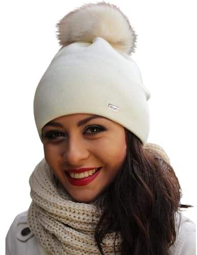 Alur Mütze Damen Beanie Wintermütze Strickmütze mit Bommel - Warme Elastisch Elegant Winter Mütze EKO Bommelmütze - Weiches Garn Stilvoll Universell Warm