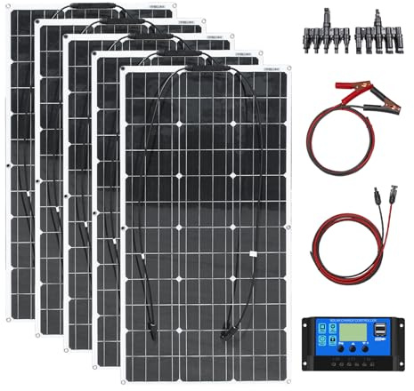 Aysolar 500W 12V Kit de Paneles Solares Flexibles 5x100W 18V Placa Solar flexible y 50A Controlador solar para Autocaravana, Caravana, Coche,Barco,Yate,Casa,Cargar Batería