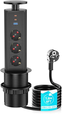 3 Fach Versenkbare Steckdose mit USB C PD20W, Airmom Tischsteckdose 3 Fach für Arbeitsplatte mit 2 USB-C,1 USB-A Anschlüssen, 1,8M Kabel