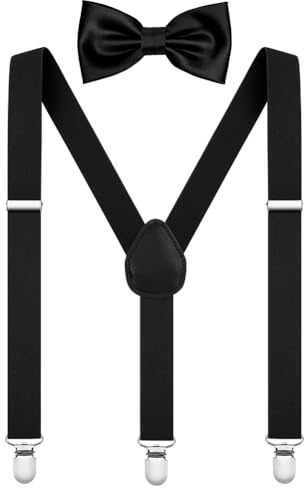 AOOWU Bretelles Homme Réglable 3 Clips, Bretelles 2.5 cm de Large en Y pour Hommes, Couleur Unie Mens Bretelle Noeud Papillon Set, Noir