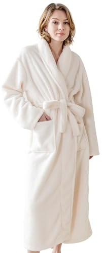 KORBLISS Bata de baño de forro polar de cordero suave con cuello de chal para mujer, innovadora bata larga de felpa suave y rizada, Blanco, Large