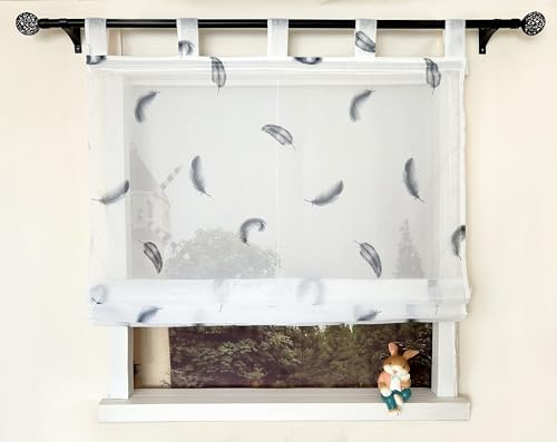 Devola Raffrollo mit Muster Raffgardine Landhaus Feder Muster Vorhang Küchenvorhang Kurz Transparent Modern Schlaufenrollo Voile Vorhänge Transparent Weiß HxB 140x45cm 1 Stück