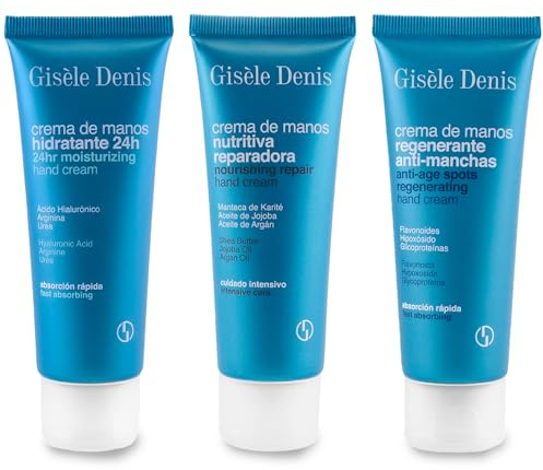 GISÈLE DENIS - Crema de Manos, Pack de 3 x 75 ml, Hidratante + Nutritiva Reparadora + Regenerante Antimanchas, con Ácido Hialurónico, Manteca de Karité y Flavonoides, Absorción Rápida, Textura Suave