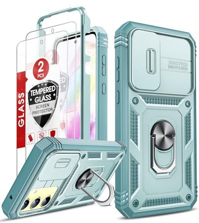 LeYi Hülle für Samsung Galaxy A35 5G Slide Kamera Klappe Handyhülle & 2*Hartglas Handyfolie,Metallständer Kamera Abdeckung Schutzhülle Robust Fallschutz A 35 Case Halterung Handy Hüllen Cover Grün