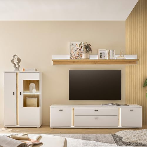 Lomadox Wohnwand Set 3-teilig Wohnzimmermöbel weiß mit Eiche Modern 1 Vitrine, 1 Lowboard,1 Wandboard, inkl LED Beleuchtung