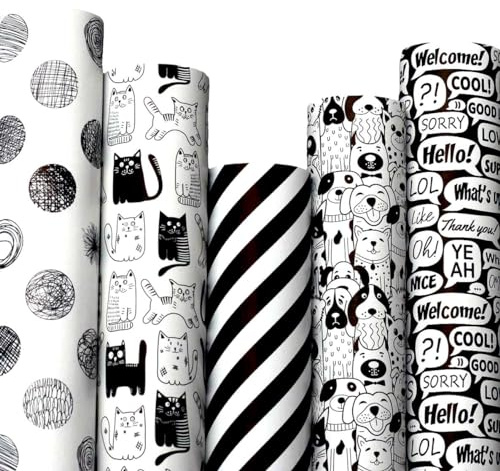 Geschenkpapier Set – Vielseitig Einsetzbar für Geburtstag, Hochzeit und Mehr, Elegantes Schwarz-Weiß, 5 Rollen mit Designs von Hunden, Katzen, Comics, Streifen und Punkten, Jede Rolle 2m x 70cm