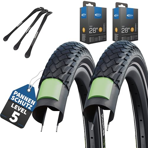 2er Set Schwalbe Fahradreifen Green Marathon 28 x2,15 Zoll (55-622) + AV DV SV Schlauch und 3 Metall MSZweirad Reifenheber E Bike (DV-Ventil Schläuche, 28x2,15 Zoll (55-622))