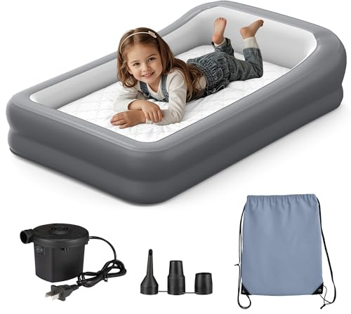 GloTika Inflatable Toddler Travel Bed, Portable Kids Air Mattress with Soft Bed Sheet, Toddler Air Mattress with Surround Safety Bumpers, Ideal for Home Use or Travel, Includes Pump and Carry Bag