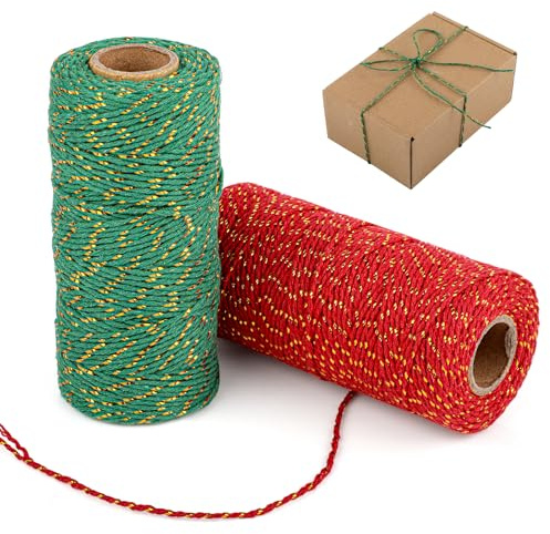 Christmas String, 200m Red Green Cotton Twine with Gold String, Glitter Butchers Strings Twine, Bakers Twines for Gift Wrapping, DIY Crafts, Cooking, Baking, Gardening