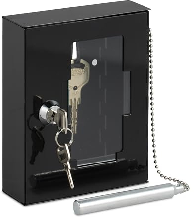 Relaxdays Caja para Llave de Emergencia, Cajetín con Ventana de Cristal y Martillo, Cerradura, Portallave Metal, Negro, 15 x 12 x 5 cm