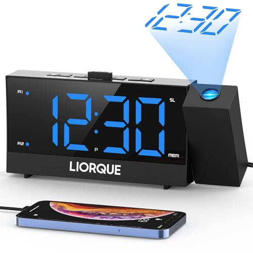 LIORQUE Projection Alarm Clock, Projection Clocks for Bedrooms with FM Radio, Brightness Dimmer, Snooze, USB Charger, Digital Alarm Clock for Bedrooms